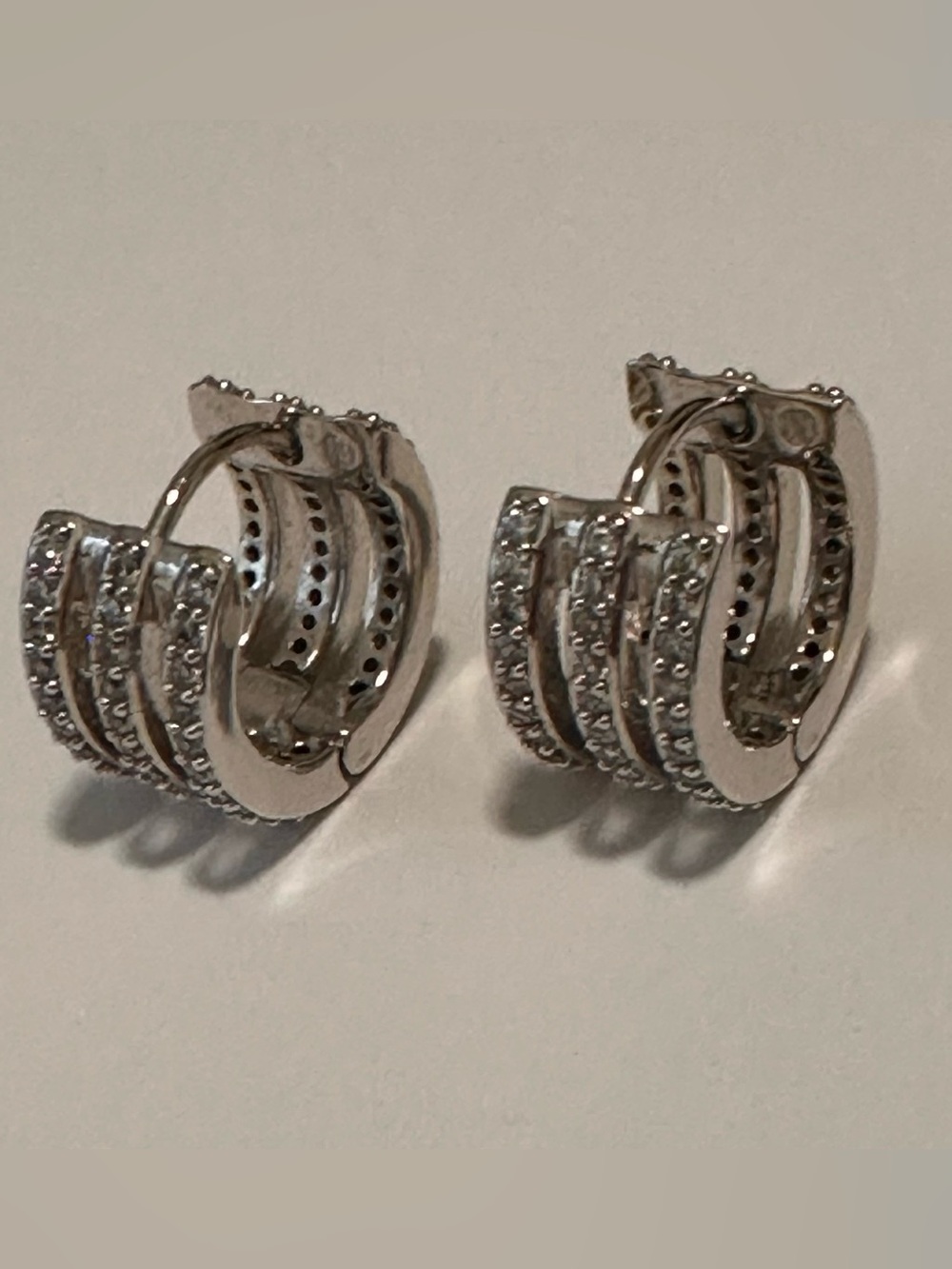Silver tone Pavé Triple Hoop Huggie Earrings